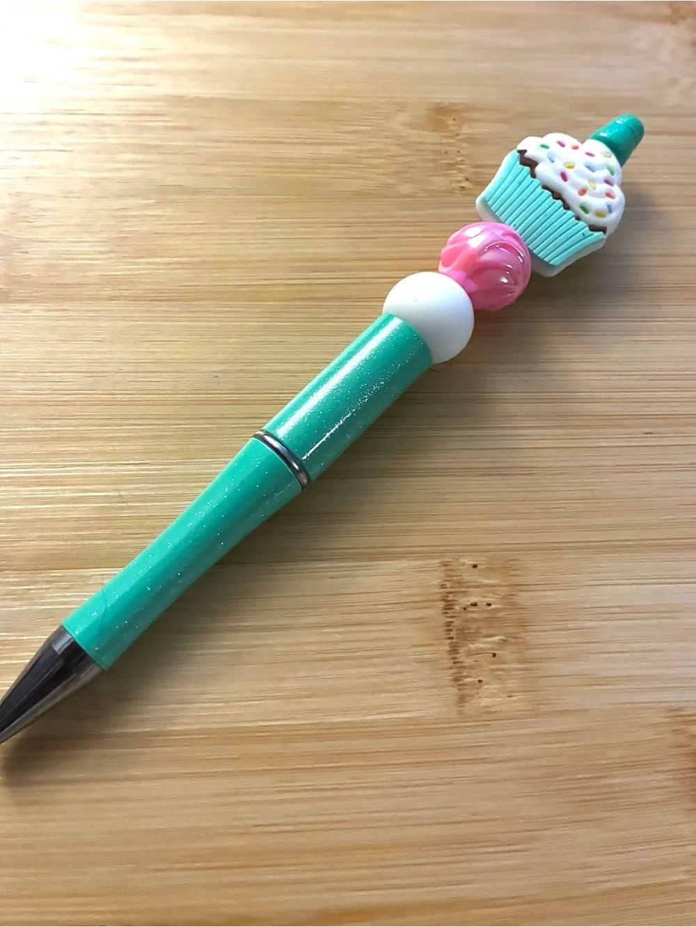 Cupcake Top Glitter Teal Pen with Pink and White Beads